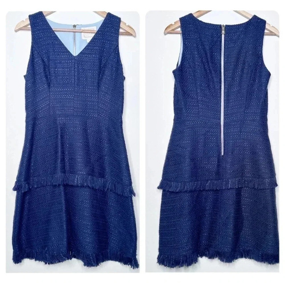 Sail to Sable Navy Tweed Fringed Tiered Sleeveless V-Neck Dress Size 4 - Picture 1 of 10